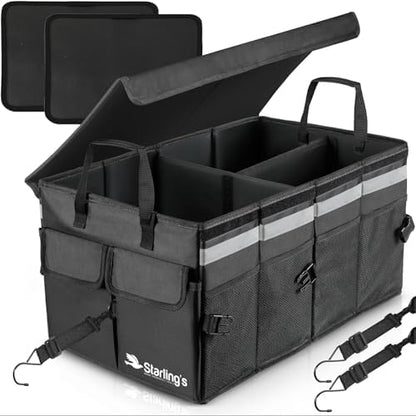 Starling's Car Trunk Organizer Super Strong, Foldable Storage Cargo Box for SUV, Auto, Truck Nonslip Waterproof Bottom, Fits any Vehicle, Come w Adjustable TieDown Straps W LID (Black, 2 by Starlings