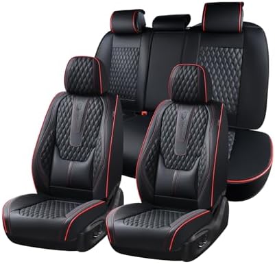 Coverado Car Seat Covers Full Set, Nappa Leather Seat Covers for Car, Waterproof Car Seat Protector with Lumbar Support, Automotive Seat Covers Universal Fit for Most Cars SUV Trucks (Black-Red line) by COVERADOAUTO