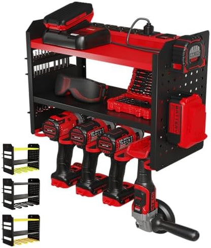 BUILTSTRONG Power Tool Organizer Wall Mount – 3-Tier Heavy-Duty Steel Rack, 4 Drill Slots, Pegboard + Utility Side, 100 lb Capacity – Garage, Workshop & Shed Storage (Red) by BUILTSTRONG