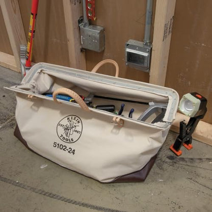 Klein Tools 5102-24 Heavy Duty Natural Canvas Tool Bag, Tool Tote, Multi-Purpose Bag with Wide Hinged Opening and Leather Handles, 24-Inch - Image 6