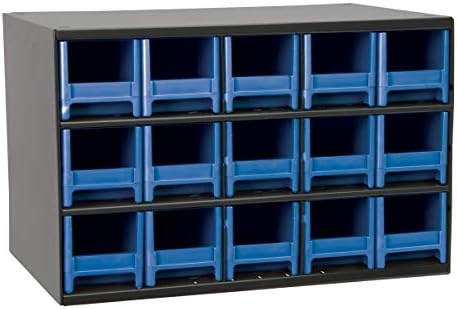 Akro-Mils Steel Garage Storage Cabinet, Small Parts Organizer Metal Cabinet for Hardware, Nails, Screws, Bolts, Nuts, and More, 17" W x 11" D x 11" H, 15-Drawer, Gray Cabinet/Blue Drawers (19715) by Akro-Mils