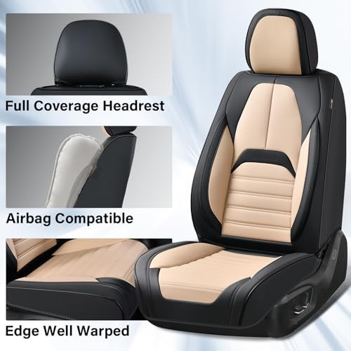 Coverado Waterproof Nappa Leather Car Seat Covers, Automotive Seat Covers，Front Car Seat Cushion & Car Seat Protector, Seat Covers Universal Fit for Most Cars, SUVs,Trucks,Black&Beige - Image 3