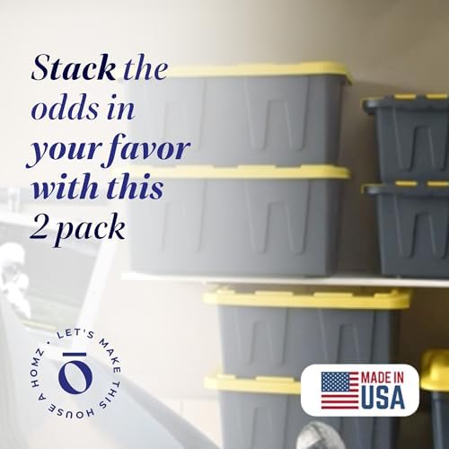 HOMZ Durabilt Plastic Storage Bins with Lids, 15 Gal, Black/Yellow, 2 Pack - Image 2