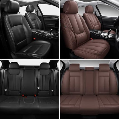 MINGBRON Car Seat Covers Full Set, Car Seat Cover Lumbar Support, Car Seat Protector Waterproof, Nappa Leather Car Seat Cushion, Front Seats and Back Fit for Most Cars Brown - Image 2