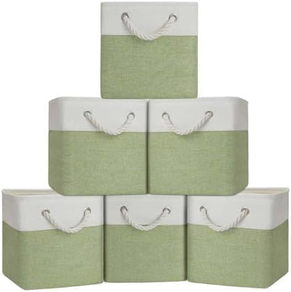 Cube Storage Bins, Collapsible Fabric Storage Cubes Bins, 11 Inch Cube Storage Bins with Handles, Foldable Storage Cubes (White/Green, 6Pack) by BOFUGA