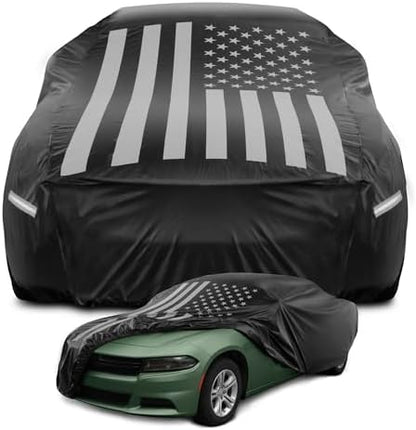 Motor Trend Black USA Flag Waterproof Car Cover - All Weather Outdoor Protection, UV Resistant, Windproof, Scratchproof - Semi-Universal Fit Sedan Full Car Cover for Sun Rain Snow (191”- 210” Length) by MotorTrend