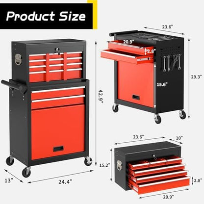 On Shine 8 Drawer Rolling Tool Chest, Large Capacity Rolling Tool Box with Wheels, Locking Mechanical Tool Chest, Portable Tool Box with Sliding Drawers for Garage Workshop and Tool Room (Black Red) - Image 3