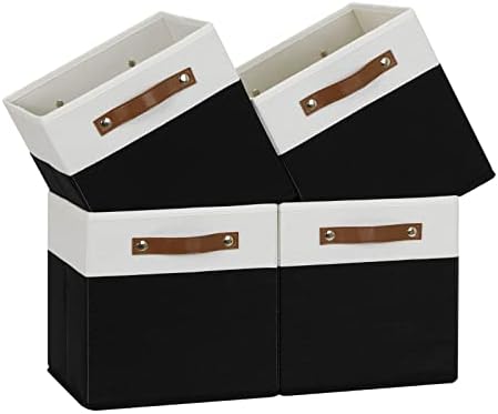 Temary 11 inch Cube Storage Bin 4 Pack Fabric Storage Cubes for Home, Fabric Storage Bin Storage Cube Bins with Leather Handles(White&Black) by TEMARY