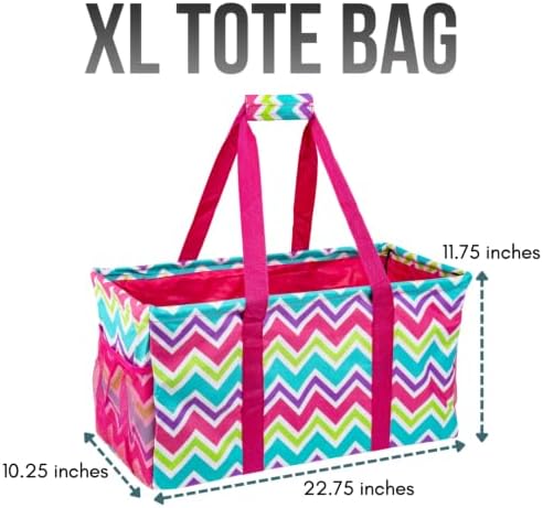 Extra Large Utility Tote Bag - Oversized Collapsible Reusable Wire Frame Rectangular Canvas Basket With Two Exterior Pockets For Beach, Pool, Laundry, Car Trunk, Storage - Chevron Multi - Image 4