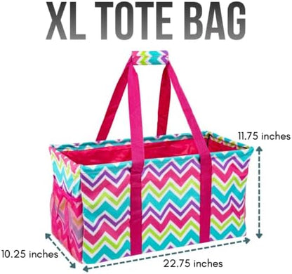 Extra Large Utility Tote Bag - Oversized Collapsible Reusable Wire Frame Rectangular Canvas Basket With Two Exterior Pockets For Beach, Pool, Laundry, Car Trunk, Storage - Chevron Multi - Image 4