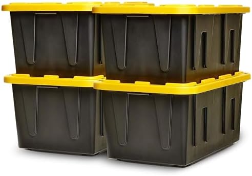 HOMZ Durabilt Plastic Storage Bins with Lids, 27 Gal, Black/Yellow, 4 Pack by Homz