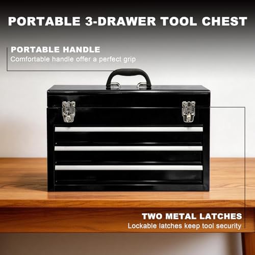 3 Drawer 20“ Metal Tool Box Portable Steel Tool Chest with Metal Latch Closure for Garage, Home and Workbench,Black - Image 4