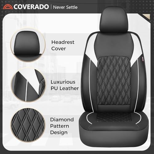 Coverado Car Seat Cover, Car Seat Covers Front Seats, Waterproof Car Seat Covers, Car Seat Cushion, Front Seat Covers Faux Leather Driver Car Seat Protector Fit for Most Cars Trucks SUV, Black&White - Image 3