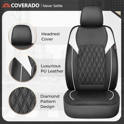 Coverado Car Seat Cover, Car Seat Covers Front Seats, Waterproof Car Seat Covers, Car Seat Cushion, Front Seat Covers Faux Leather Driver Car Seat Protector Fit for Most Cars Trucks SUV, Black&White - Image 3