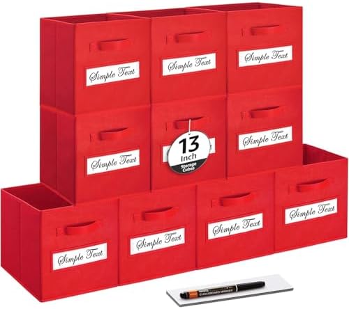 13x13x13 storage cube bins(Set of 10) Fabric storage cubes with 10 Labels Window Cards & a Pen, storage cubes 13x13, Collapsible 13 inch cube storage bins, Cubby Organizer Boxes, Red by Artsdi