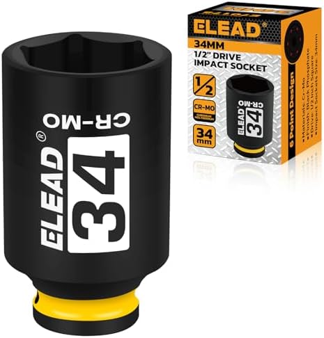 ELEAD 34 mm Socket 1/2" Drive Deep Impact Socket, Metric 6 Point 1/2-inch Drive Impact Axle Nut Sockets, CR-MO Nut Socket Set, Tools for Easy Removal of Axle Shaft Nuts by ELEAD