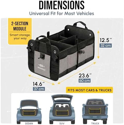 Car Trunk Organizer - Collapsible, Foldable - with Covering Net, Removable Dividers, Attachable Non-Slip Pads, Mounting Straps, and Stainless Hooks - for SUV, Truck, Sedan, Minivan, and Van - Gray - Image 3