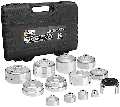 EWK 13 Pcs Forged Oil Filter Wrench Set (24–90mm), Aluminum Cup Tool Kit with Adjustable Wrench & Case, Fits Toyota, Ford, Mercedes, BMW, Audi, VW, Volvo, Chevrolet, Buick, GMC, RAM, Chrysler & More by EWKTool