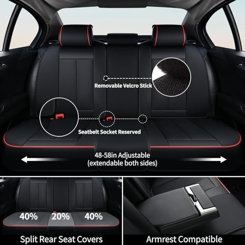 FLORICH Car Seat Cover Full Seats with Waterproof Leather, Car Seat Protectors with Storage Pocket, Airbag Compatible, Universal Seat Cover Fit for SUV, Sedan, Vans, Trucks- Black&Red Line - Image 6