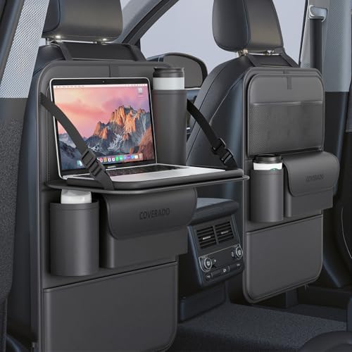 Coverado Car Backseat Organizer(2 Packs) with Tablet Tray, Nappa Leather Organizer for Car Seat Back, Waterproof Car Seat Organizer with Touch Screen, Seat Protector Kick Mats for Kids by COVERADOAUTO