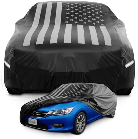 Motor Trend Black USA Flag Waterproof Car Cover - All Weather Outdoor Protection, UV Resistant, Windproof, Scratchproof - Semi-Universal Fit Sedan Full Car Cover for Sun Rain Snow (171”- 190” Length) by MotorTrend