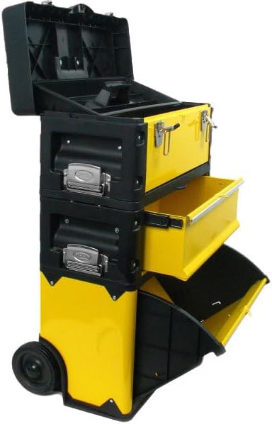 Portable Tool Box on Wheels - Stackable 3-in-1 Chest for Workshops and Craft Rooms - Foldable Comfort Handle and Latches by Stalwart (Black/Yellow) - Image 2