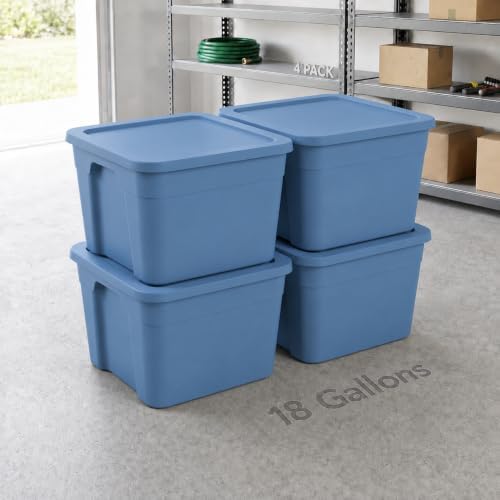 4Pack 18 Gal Storage Bin with Snap-On Lid, Stackable Plastic Tote, Blue by Unknown
