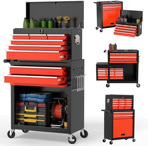 On Shine 8 Drawer Rolling Tool Chest, Large Capacity Rolling Tool Box with Wheels, Locking Mechanical Tool Chest, Portable Tool Box with Sliding Drawers for Garage Workshop and Tool Room (Black Red) by Unknown