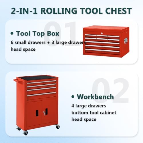 13-Drawer Rolling Tool Chest with Double Doors, 2 in 1 Detachable Rolling Tool Chests, Metal Standing Tool Cabinet with Lock, Large Toolbox for Garage Workshop, Gift for Christmas-Red - Image 6