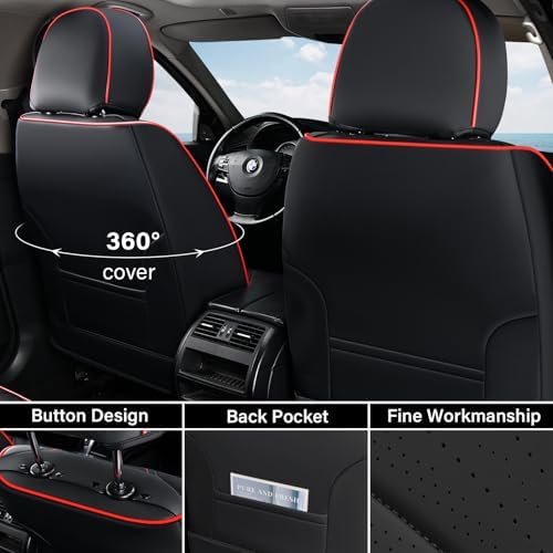 Coverado Car Seat Covers Full Set, Nappa Leather Seat Covers for Car, Waterproof Car Seat Protector with Lumbar Support, Automotive Seat Covers Universal Fit for Most Cars SUV Trucks (Black-Red line) - Image 3
