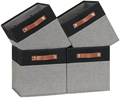 Temary 11 x 11 Cube Storage Bins Fabric Storage Cubes for Shelf, Closet, 4 Pack Cube Basket for Clothes, Storage Cube Bins with Leather Handles(Black&Grey) by TEMARY