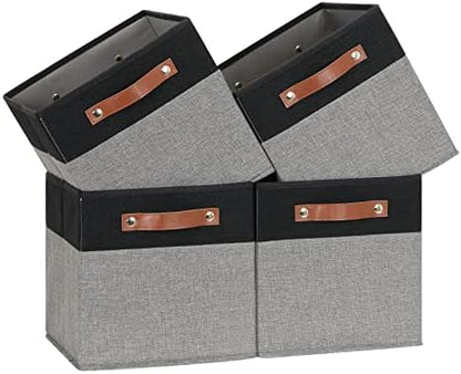 Temary 11 x 11 Cube Storage Bins Fabric Storage Cubes for Shelf, Closet, 4 Pack Cube Basket for Clothes, Storage Cube Bins with Leather Handles(Black&Grey) by TEMARY