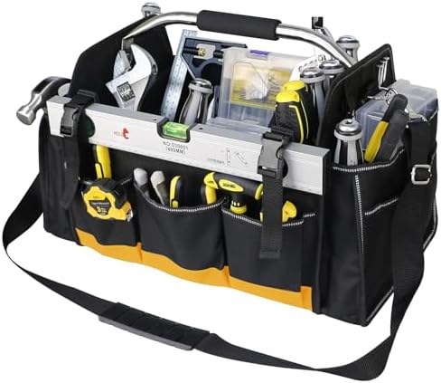18 Inch Open Top Tool Bag, Tool Bags for Men with 30 Pockets, 1680D Waterproof Fabric, Foldable Electrician Tool Bag with Rotating Handle, Reflective Tool Organizer for Men, Yellow by TooCust