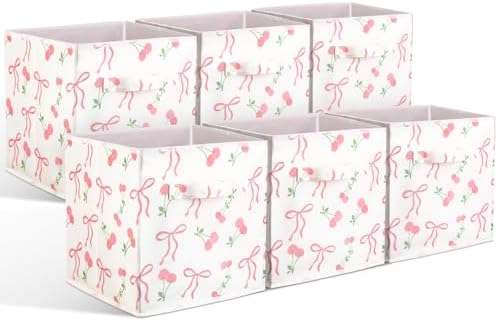 Geelin 6 Pcs Pink Bow Cherry Cube Storage Bins 11 in Basket with Handle by Geelin