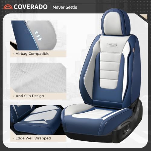 Coverado Car Seat Covers Front, Seat Covers for Cars, Waterproof 2-Pack Car Seat Cushions, Leather Carseat Seat Protectors, Universal Seat Covers Fit for Most Sedans SUV Pick-up Trucks(Blue&White) - Image 6