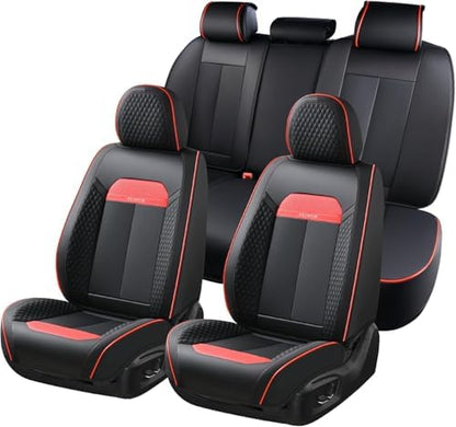 FLORICH Car Seat Cover Full Seats with Waterproof Leather, Car Seat Protectors with Storage Pocket, Airbag Compatible, Universal Seat Cover Fit for SUV, Sedan, Vans, Trucks- Black&Red Line by FLORICH