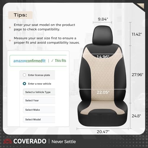 Coverado Front Seat Covers, 2 Seats Universal Seat Covers for Cars, Leather & Fabric Splicing Design Car Seat Protectors, Waterproof Car Seat Cushions Universal Fit for Vehicles, Black & Beige - Image 6