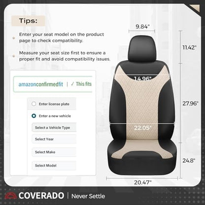 Coverado Front Seat Covers, 2 Seats Universal Seat Covers for Cars, Leather & Fabric Splicing Design Car Seat Protectors, Waterproof Car Seat Cushions Universal Fit for Vehicles, Black & Beige - Image 6