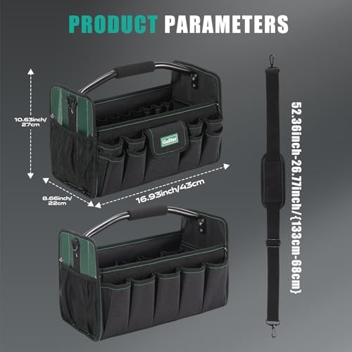 17 Inch Tool Bag,Electrician Tool Bags,Heavy Duty Open Top Tool Tote,31 Pocket Tool Box Organizer with Stainless Steel Handle & Adjustable Shoulder Strap, Black/Green - Image 3