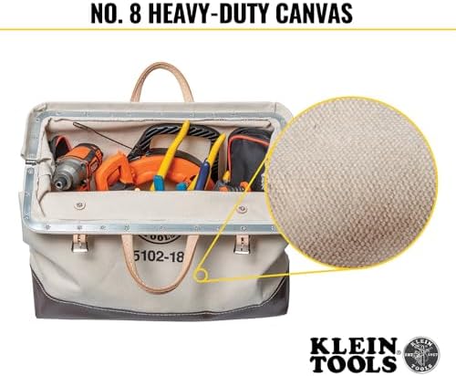 Klein Tools 5102-18 Heavy Duty Natural Canvas Tool Bag, Tool Tote, Multi-Purpose Bag with Wide Hinged Opening and Leather Handles, 18-Inch - Image 4
