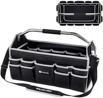 20in Tool Bags For Men Heavy Duty, 22 PCS Pockets Tool Bag Organizer Foldable Open Top Tool Bag With Handle, Wide Mouth Electrician Tool Tote, Grey by WILAXI+PRO