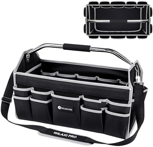 20in Tool Bags For Men Heavy Duty, 22 PCS Pockets Tool Bag Organizer Foldable Open Top Tool Bag With Handle, Wide Mouth Electrician Tool Tote, Grey by WILAXI+PRO