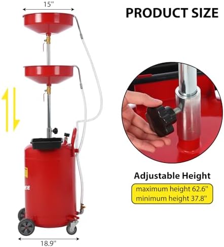 Garvee 20 Gallon Waste Oil Drain Tank, Portable Oil Drain Container, Air Operated Drainer, Fluid Fuel Transfer Drainage, Adjustable Funnel Height with Wheel &15'' Premium Bowl and a Toolbox - Image 3