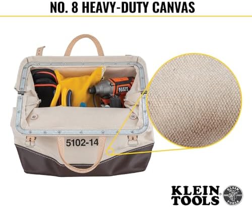 Klein Tools 5102-14 Heavy Duty Natural Canvas Tool Bag, Tool Tote, Multi-Purpose Bag with Wide Hinged Opening and Leather Handles, 14-Inch - Image 4