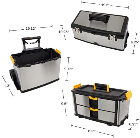 3-Part Portable Tool Box - Stainless-Steel Drawer Organizer with Wheels, Extendable Handle and Tough Latches - Rolling Tool Chest by Stalwart (Silver) - Image 2