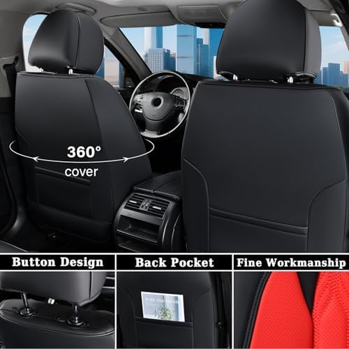 Coverado Car Seat Cover Full Set, Leather Seat Covers for Front and Rear, Waterproof Seat Covers 5 Seats, Luxury Car Seat Protectors Driver Seat Cushions Universal for Most Vehicles, Red - Image 3