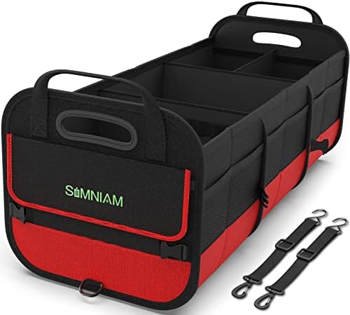 Simniam Large Trunk Organizer for Car, Foldable Multi Compartment Car Trunk Organizer with 2 Retractable Straps, Suitable for All Kinds of Cars, SUV, Minivan - 4 Compartments Red by SIMNIAM