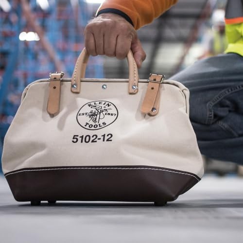 Klein Tools 5102-12 Heavy Duty Natural Canvas Tool Bag, Tool Tote, Multi-Purpose Bag with Wide Hinged Opening and Leather Handles, 12-Inch - Image 6