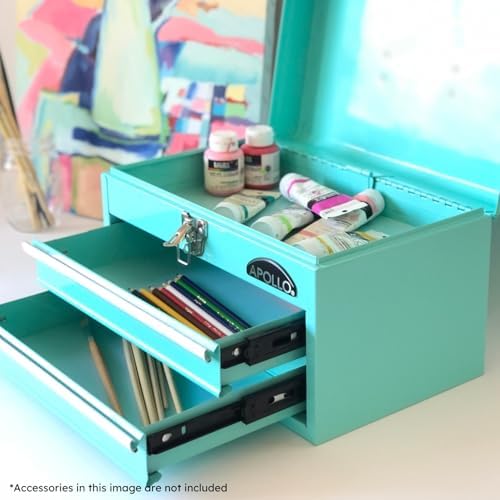 Apollo Tools 14 Inch Steel Tool Box with Deep Top Compartment and 2 Drawers in Heavy-Duty Steel With Ball Bearing Opening and Powder Coated Finish - Aqua Green - DT5010-GR - Image 3