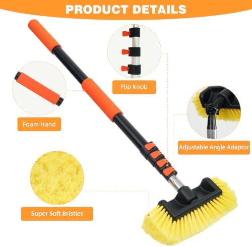 12FT Car Wash Brush with Long Handle Telescoping Extension Pole Angle Adapter with 12" Soft and Hard Bristle Scratch-Free for Cleaning Car Truck RV House Floor Window Roof Solar Panels - Image 6